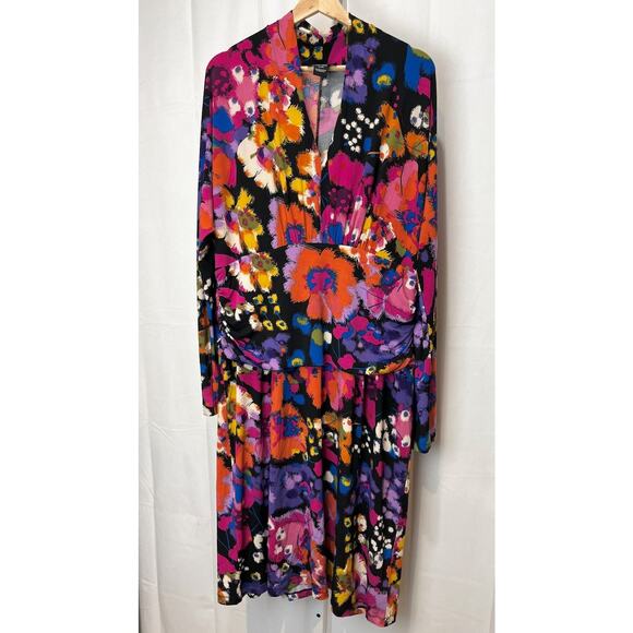 ASHRO Floral Dolman Midi Dress V Neck Long Sleeve Stretch Multicolor Size XL - Picture 1 of 9